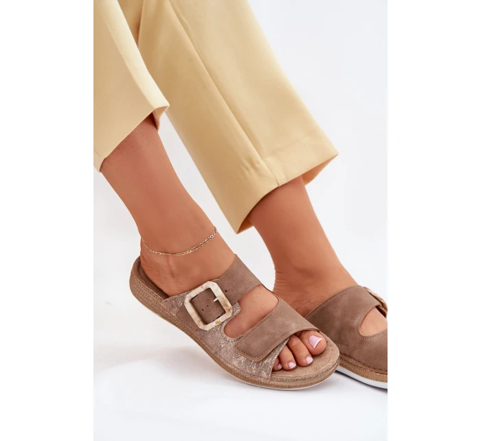 Klapki Damskie Z Klamrą I Rzepem INBLU MK000013 Brązowe