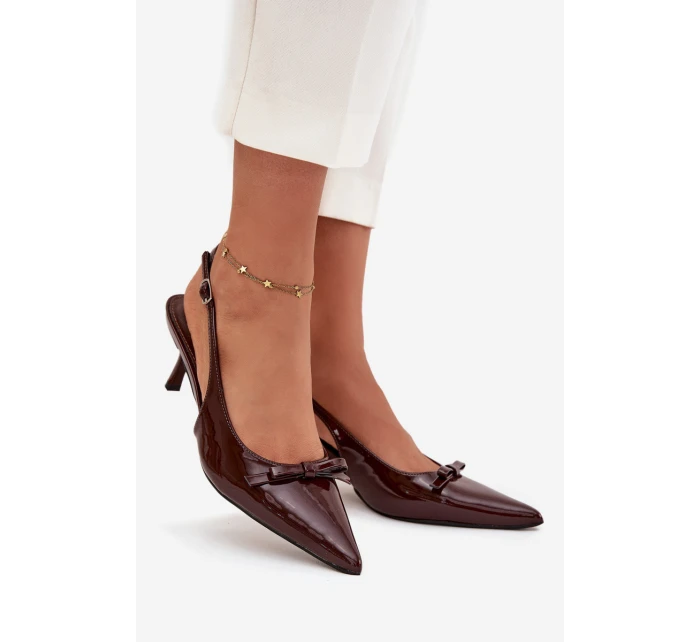 Lakierowane Czółenka Na Szpilce Z Kokardką Czekoladowe Olvena