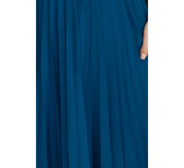 311-17 LILA Klasické plisované šaty s krátkymi rukávmi a opaskom - farba MARINE