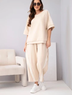Dámský komplet máslový z viskózy mikina a kalhoty s lampasy béžový