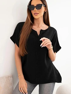 Dámská bavlněná oversize halenka s výstřihem do V a krajkou černá