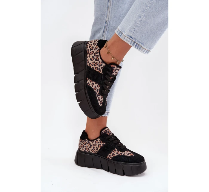Semišové zateplené dámské tenisky na masivní platformě model 21707648 Panterka Černé - VINCEZA