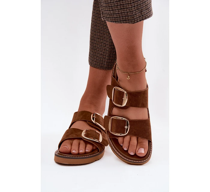 Dámské pantofle z imitace semiše s zlatými přezkami Camel model 22122708 - Boto