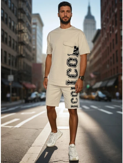 Pánsky khaki set s potlačou FashionStreet AX0801 Pánsky khaki set s potlačou FashionStreet AX0801