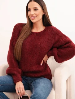 Dámsky sveter s dlhým rukávom z hrubého vlneného úpletu vo vínovej farbe