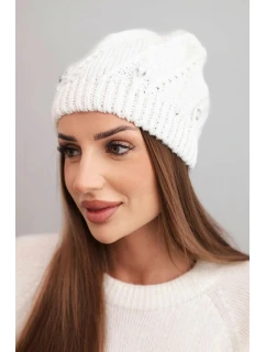 Dámska zimná vlnená čiapka s ozdobnými kryštálmi K461 biela