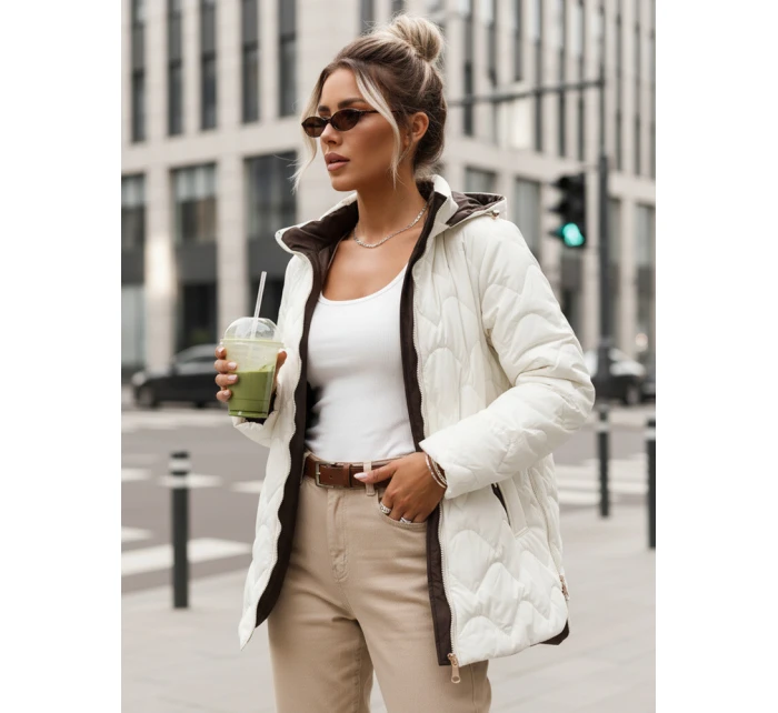 Dámska prešívaná prechodná bunda s odnímateľnou kapucňou ecru TY5624