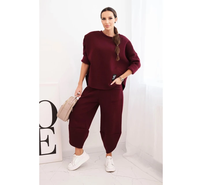 Dámska tepláková súprava z hrubšieho materiálu so širokými nohavicami bordová Dámska tepláková súprava z hrubšieho materiálu so širokými nohavicami bordová