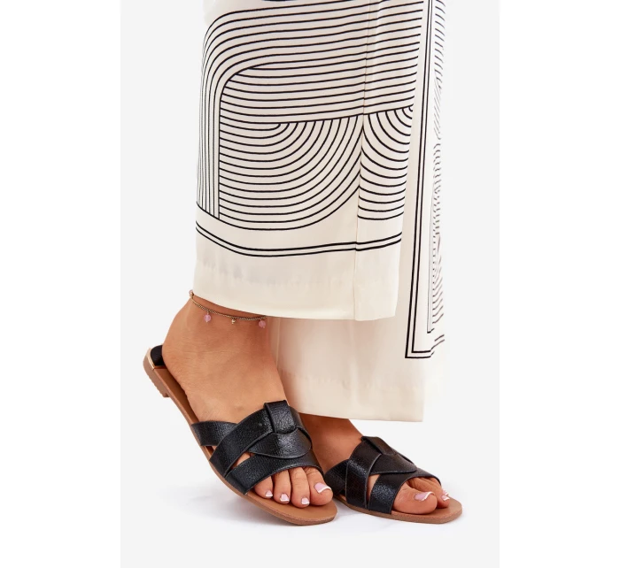 Płaskie Klapki Damskie Z Przeplatającymi Się Paskami Czarne Selaenor Płaskie Klapki Damskie Z Przeplatającymi Się Paskami Czarne Selaenor