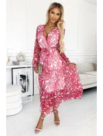 Dámské síťované šaty ve fuchsiové barvě s výstřihem a dlouhými rukávy model 18630781 - numoco basic Dámské síťované šaty ve fuchsiové barvě s výstřihem a dlouhými rukávy model 18630781 - numoco basic