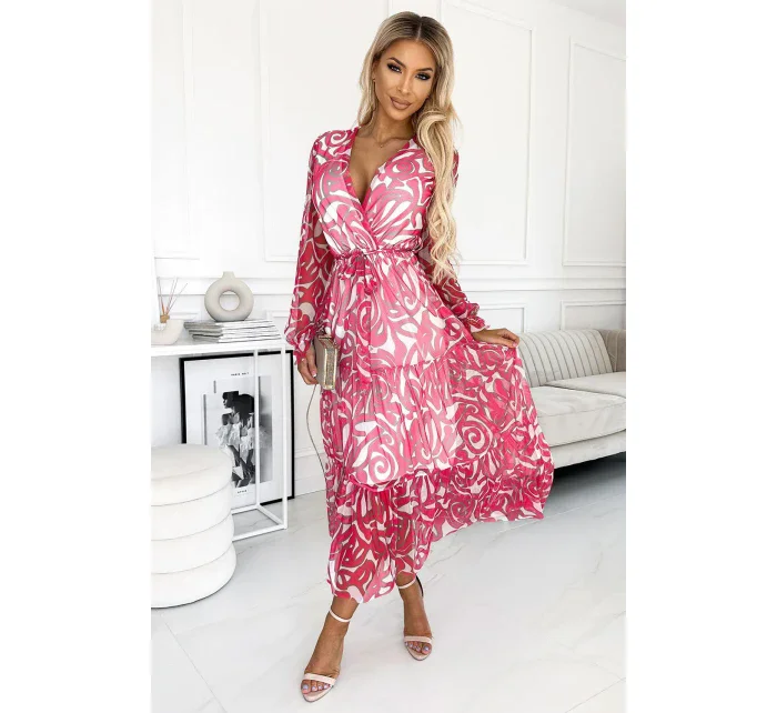 Dámské síťované šaty ve fuchsiové barvě s výstřihem a dlouhými rukávy model 18630781 - numoco basic Dámské síťované šaty ve fuchsiové barvě s výstřihem a dlouhými rukávy model 18630781 - numoco basic