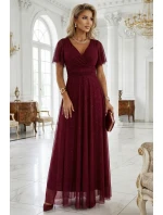 635-5 MELANIA dlhé lesklé šaty s výstrihom a krátkymi rukávmi - bordové 635-5 MELANIA dlhé lesklé šaty s výstrihom a krátkymi rukávmi - bordové