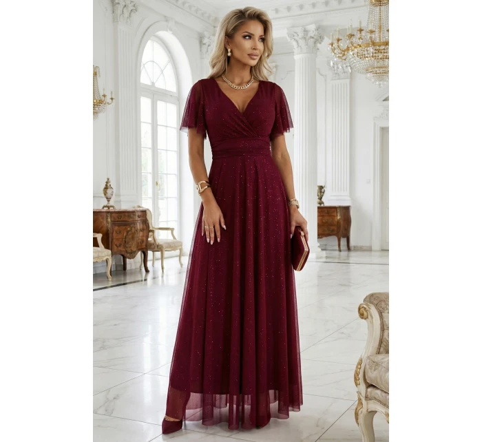 635-5 MELANIA dlhé lesklé šaty s výstrihom a krátkymi rukávmi - bordové 635-5 MELANIA dlhé lesklé šaty s výstrihom a krátkymi rukávmi - bordové