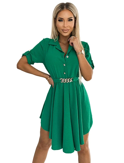 Zelené dámské košilové šaty s knoflíky a zlatým opaskem model 22401899 - numoco basic Zelené dámské košilové šaty s knoflíky a zlatým opaskem model 22401899 - numoco basic