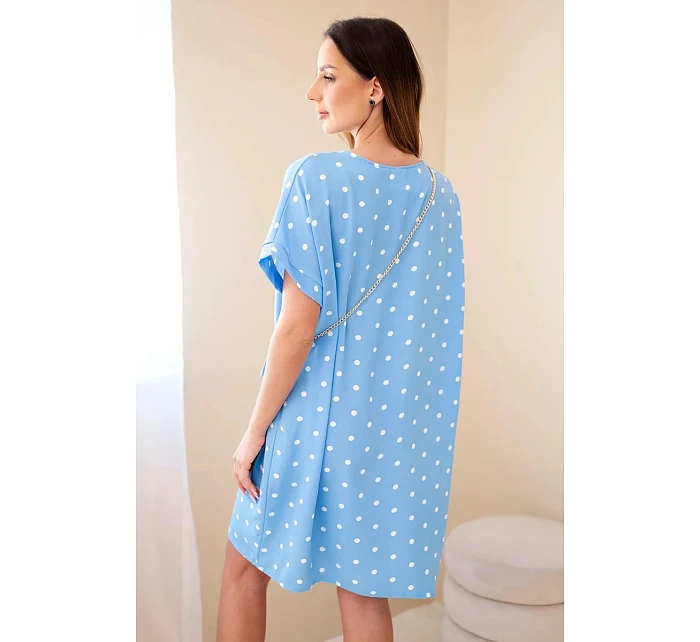 Dámske bodkované šaty s krátkymi rukávmi a kabelkou modré