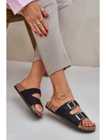 Materiałowe Klapki Na Korkowej Podeszwie Z Klamrami Czarne Atera