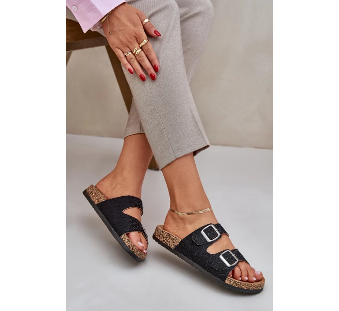 Materiałowe Klapki Na Korkowej Podeszwie Z Klamrami Czarne Atera