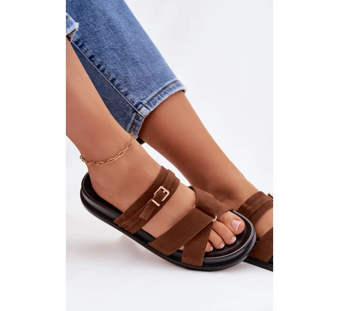 Dámské pantofle s pásky a zlatým sponou Hnědé Selorina