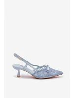 Dámské krajkové sandály na podpatku s mašlí Modré model 22107296 - Boto Dámské krajkové sandály na podpatku s mašlí Modré model 22107296 - Boto