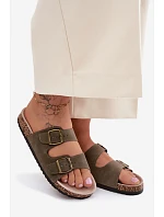 Dámské pantofle s přezkami na korkové podrážce tmavě zelené model 22140697 - Boto