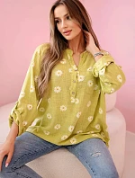 Dámska ľanová blúzka s kvetinovým vzorom, dlhými rukávmi a gombíkmi kiwi