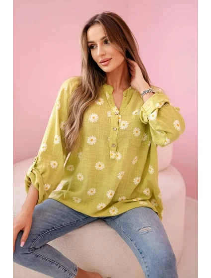 model 20949139 dámská halenka s květinovým vzorem, dlouhými rukávy a knoflíky kiwi - K-Fashion