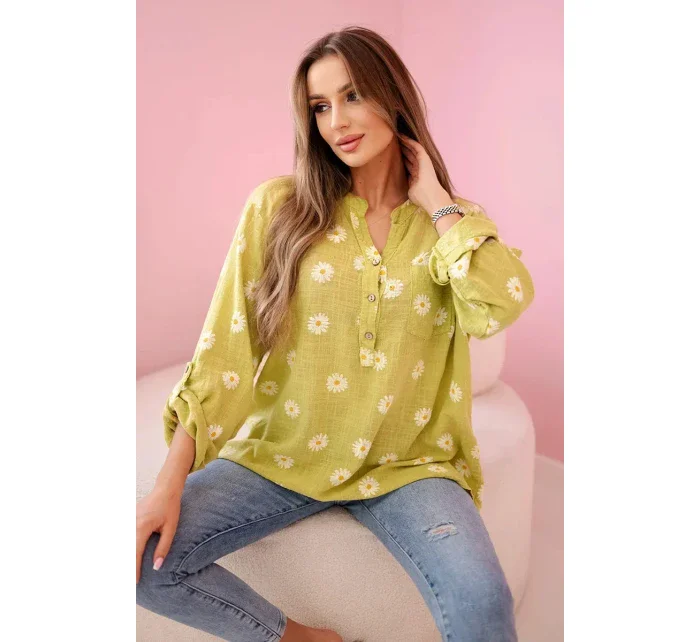 model 20949139 dámská halenka s květinovým vzorem, dlouhými rukávy a knoflíky kiwi - K-Fashion