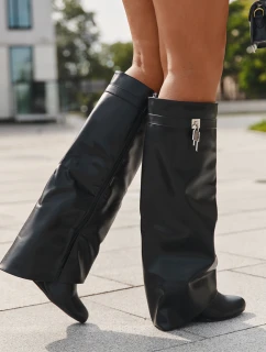 Dámské kozačky na platformě s páskem a detailem Eko kůže Černé model 21709614 - Boto