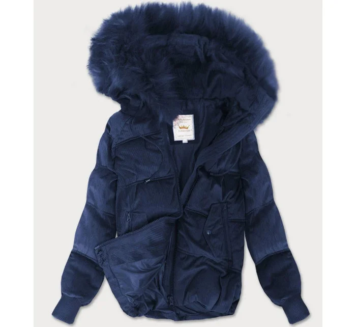 Tmavě modrá dámská manšestrová bunda s kapucí model 21242230 - Libland