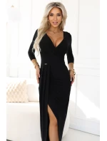 404-13 Elegantné dlhé šaty s obálkovým výstrihom a rozparkom - čierne