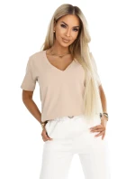 665-3 Dámska bavlnená blúzka s krátkym rukávom a výstrihom do V - béžová