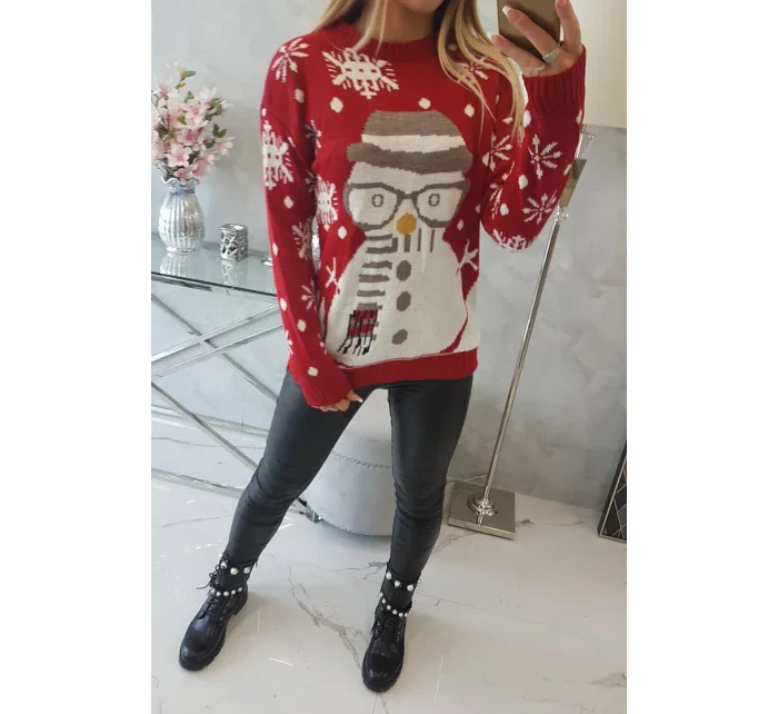 Vianočný sveter so snehuliakom červený