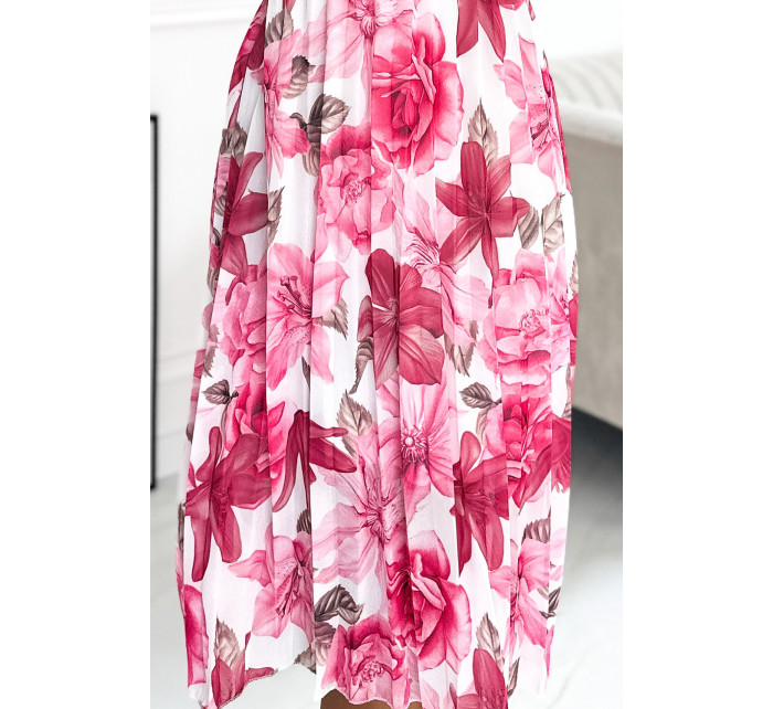 Plisované midi šaty s gombíkmi a dlhými rukávmi Numoco CARLA - biele s ružovými kvetmi