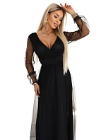 Dlouhé maxi šaty s rukávy a obálkovým výstřihem černé model 22045481 - numoco basic Dlouhé maxi šaty s rukávy a obálkovým výstřihem černé model 22045481 - numoco basic