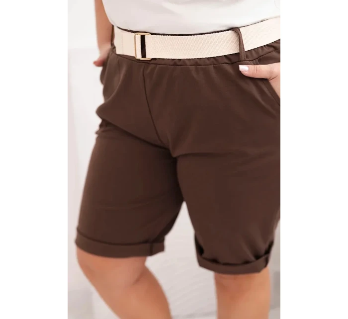 Dámske Plus veľkosť bavlnené šortky s opaskom Brown