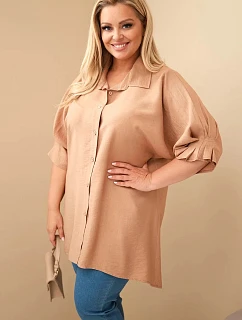 Dámská Plus Size bavlněná košile s knoflíky a límcem velbloudí