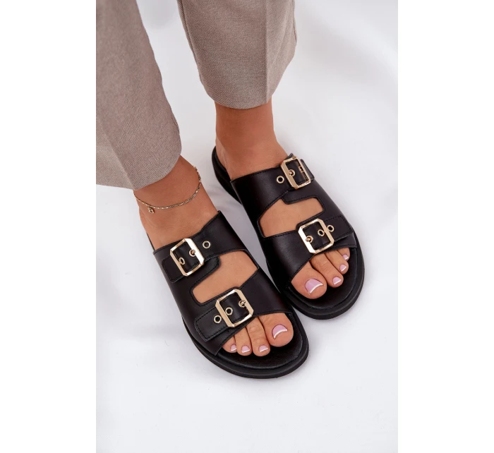 Skórzane Płaskie Klapki Z Klamrami Zazoo 3020 Czarne