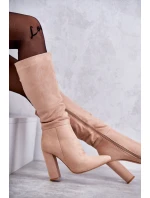 Klasyczne Zamszowe Kozaki Na Obcasie Ciemnobeżowe Tressa