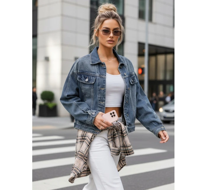 Dámska krátka džínsová bunda klasického strihu modrá FashionStreet TY5632