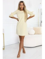 Dámské trapézové šaty s vázáním na rukávech pastelově žluté model 22022940 - numoco