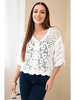 Dámsky bavlnený ažurový sveter s krátkymi rukávmi biely