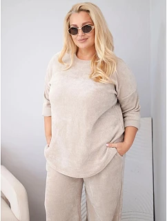 Dámský plus size komplet z viskózy manšestrový se širokými kalhotami a mikinou béžový