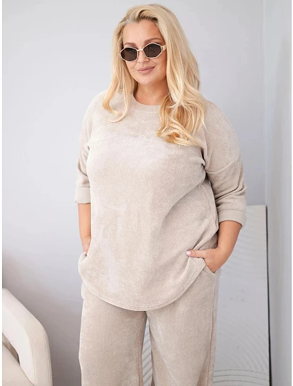 Dámský plus size komplet z viskózy manšestrový se širokými kalhotami a mikinou béžový Dámský plus size komplet z viskózy manšestrový se širokými kalhotami a mikinou béžový