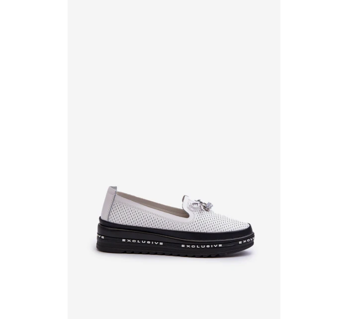 Mokasyny Damskie Skórzane Na Platformie S.Barski LR400 Białe