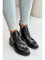 Lakierowane Botki Na Zamek Ocieplane Płaski Obcas S.Barski HY42-717 Czarne