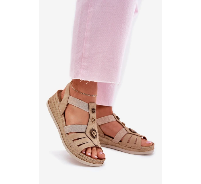 Sandały Damskie Na Koturnie Z Ozdobami Inblu RV000015 Beżowe