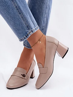 Kožené dámské polobotky na podpatku model 22100040 Béžové - VINCEZA
