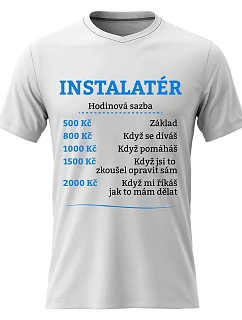 Pánské bavlněné tričko s potiskem - HODINOVÁ SAZBA - INSTALATÉR - bílé