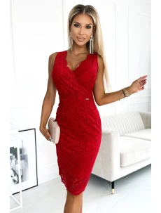 383-5 Čipkované MIDI šaty s obálkovým výstrihom - ČERVENÉ