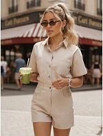Dámske krátke džínsové overaly s gumou v páse, béžové, FashionStreet EY2689 Dámske krátke džínsové overaly s gumou v páse, béžové, FashionStreet EY2689